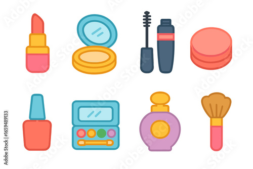 Children's Makeup Icons. Flat vector mini-illustrations fashion makeup in colors children's illustrations: lipstick, compact