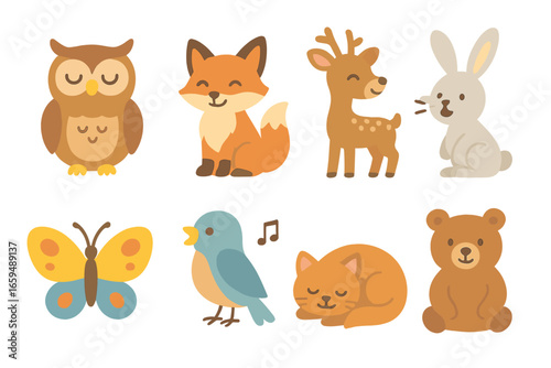 Bedtime Animal Icons. Flat vector mini-illustrations bedtime story animals in colors children's illustrations: wise owl, playful
