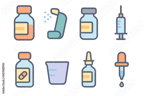 Children's Medicine Icons. Flat vector mini-illustrations suspension in medicine in colors children's illustrations: liquid