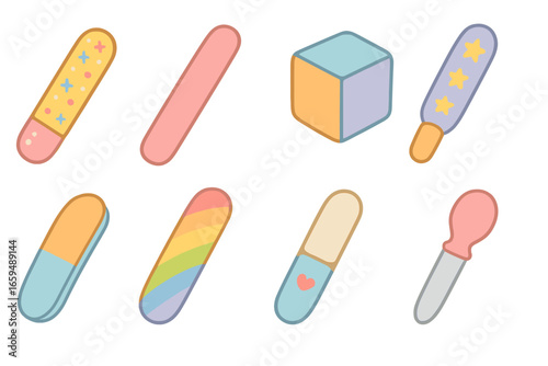 Children's Nail Care Icons. Flat vector mini-illustrations nail care filing in colors children's illustrations: glitter nail file,