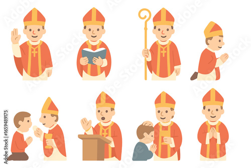 Bishop's Illustrated Actions. Flat vector mini-illustrations Bishop gestures in colors children's illustrations: blessing hand,