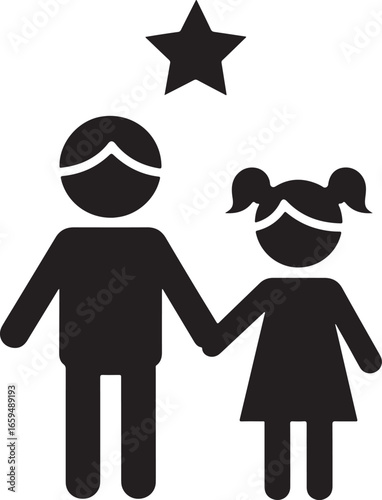 Boy and Girl Icon with Star – Children Symbol, Family, Friendship, Kids Silhouette