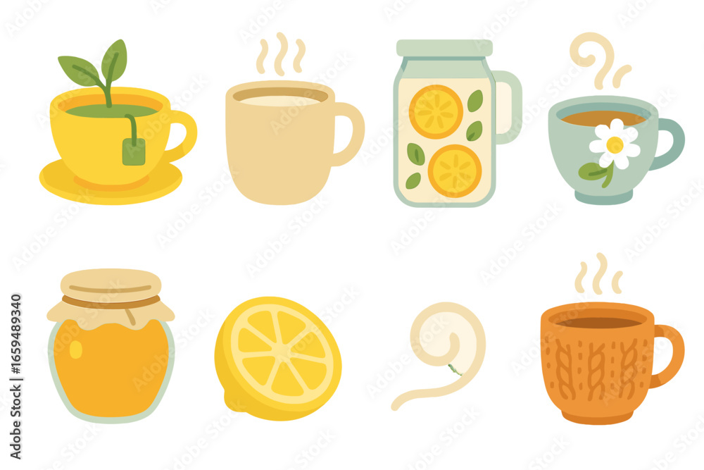 Fototapeta premium Calm Beverage Illustrations. Flat vector mini-illustrations calm beverages in colors children's illustrations: herbal tea, warm