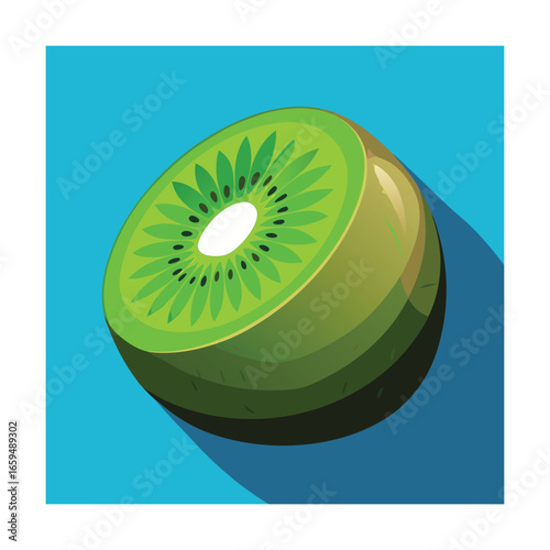 Half Kiwi Fruit with Seeds on Blue Background food