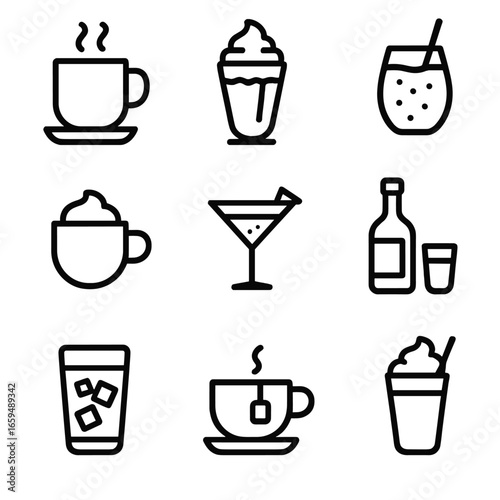 Chocolate Drink Icons. Outline icon set of chocolate drinks: hot chocolate, chocolate milkshake, chocolate smoothie, mocha coffee,