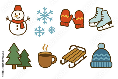 Canadian Winter Fun. Flat vector mini-illustrations Canadian winter in colors children's illustrations: snowman, snowflakes, warm