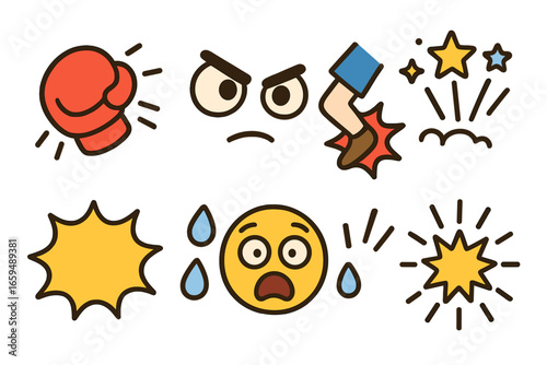 Cartoon Fight Sounds. Flat vector mini-illustrations cartoon fight sounds in colors children's illustrations: punch glove, kick