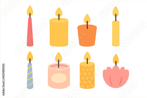 Candle Types Icons. Flat vector mini-illustrations candle types in colors children's illustrations: taper candle, pillar candle,