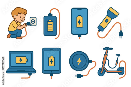 Charging Icons Grid. Flat vector mini-illustrations power discharge actions in colors children's illustrations: child plugging