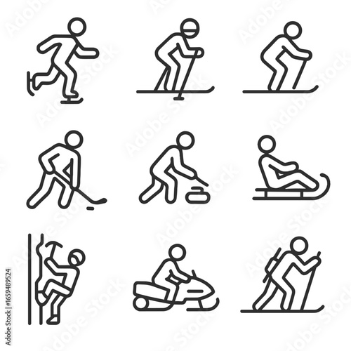 Cold Sports Icons. Outline icon set of cold sports: ice skating, skiing, snowboarding, ice hockey, curling, sledding, ice climbing