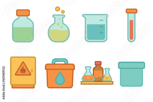 Chemical Lab Icons. Flat vector mini-illustrations chemical containers in colors children's illustrations: reagent bottle,