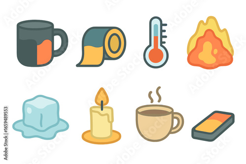 Color-Changing Icons. Flat vector mini-illustrations temperature color change in colors children's illustrations: thermochromic