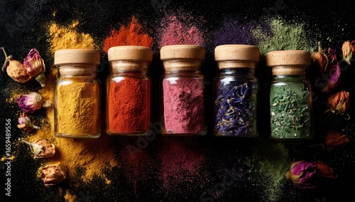 Fototapeta Naklejka Na Ścianę i Meble -  Colorful spice jars, dark background, scattered powder, rose petals