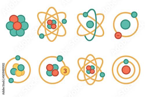 Colorful Atomic Illustration. Flat vector mini-illustrations electron in atom in colors children's illustrations: nucleus with