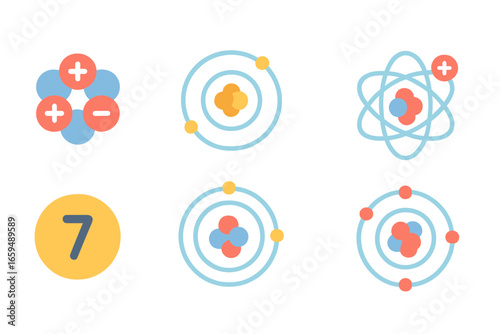 Colorful Atomic Illustration. Flat vector mini-illustrations electron in atom in colors children's illustrations: nucleus with