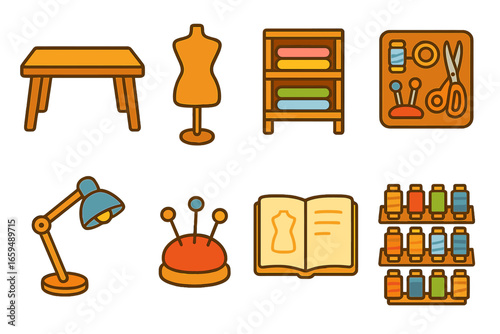 Children's Atelier Workspace. Flat vector mini-illustrations atelier workspace in colors children's illustrations: wooden table,