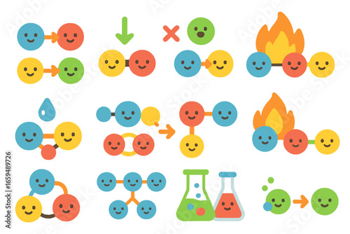 Colorful Chemical Reactions Grid. Flat vector mini-illustrations covalent bond reactions in colors children's illustrations: