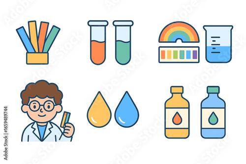Colorful Chemistry Icons. Flat vector mini-illustrations litmus in colors children's illustrations: litmus paper strips, test