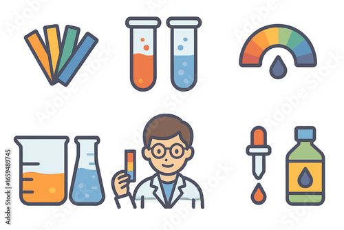 Colorful Chemistry Icons. Flat vector mini-illustrations litmus in colors children's illustrations: litmus paper strips, test