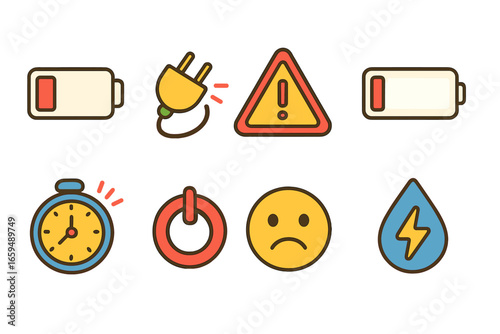 Children's Battery Icons. Flat vector mini-illustrations battery drain icons in colors children's illustrations: fading battery,