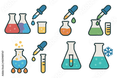 Colorful Chemistry Icons. Flat vector mini-illustrations dropper experiments in colors children's illustrations: mixing liquids,