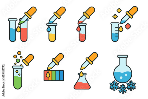 Colorful Chemistry Icons. Flat vector mini-illustrations dropper experiments in colors children's illustrations: mixing liquids,