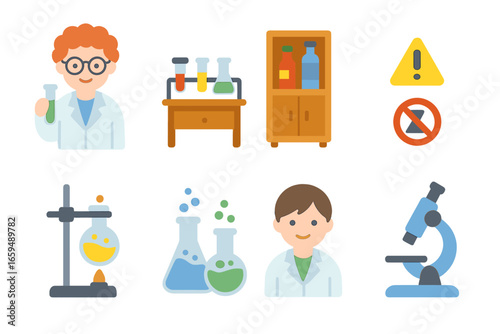 Colorful Chemistry Lab Icons. Flat vector mini-illustrations chemistry laboratory scenes in colors children's illustrations:
