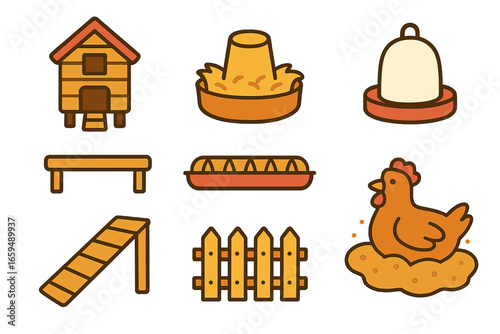 Children's Chicken Coop Icons. Flat vector mini-illustrations chicken coop in colors children's illustrations: coop, nesting box,