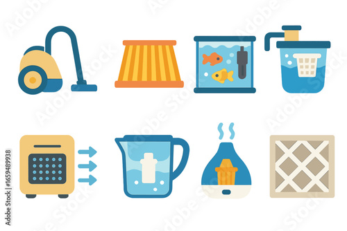 Colorful Filtration Icons. Flat vector mini-illustrations filtration in everyday life in colors children's illustrations: vacuum