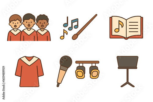 Children's Choir Icons. Flat vector mini-illustrations choir theme in colors children's illustrations: choir singers, music notes,