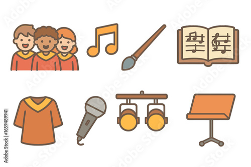 Children's Choir Icons. Flat vector mini-illustrations choir theme in colors children's illustrations: choir singers, music notes,