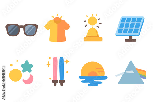 Colorful Environmental Icons. Flat vector mini-illustrations light-induced color change in colors children's illustrations:
