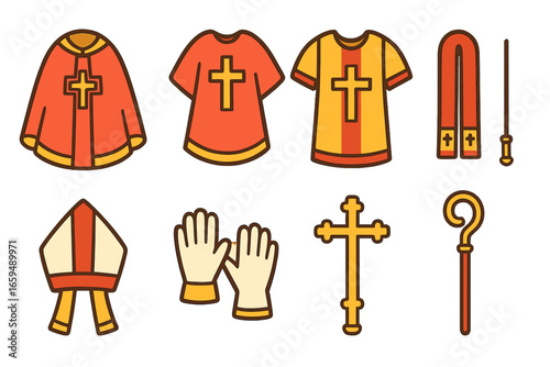 Children's Church Icon Set. Flat vector mini-illustrations Ceremonial vestments in colors children's illustrations: cope, chasuble