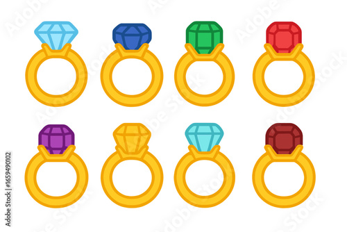 Colorful Gemstone Rings. Flat vector mini-illustrations gemstone rings in colors children's illustrations: diamond ring, sapphire