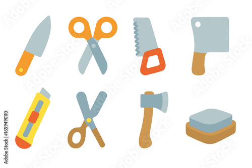 Children's Cutting Tools. Flat vector mini-illustrations cutting tools in colors children's illustrations: knife, scissors, saw,