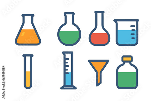 Colorful Lab Icons. Flat vector mini-illustrations lab glass shapes in colors children's illustrations: Erlenmeyer flask, round