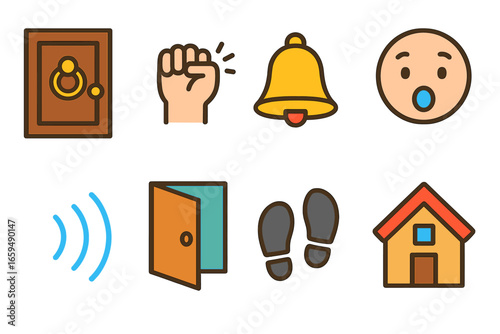 Children's Door Knock Icons. Flat vector mini-illustrations knock in colors children's illustrations: door with knocker, knocking