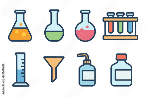 Colorful Lab Glassware Icons. Flat vector mini-illustrations laboratory glassware in colors children's illustrations: Erlenmeyer