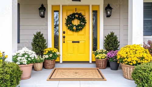 A bright yellow front door with decorative wreath and doormat surrounded by potted flowers
