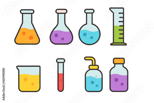 Colorful Lab Glassware. Flat vector mini-illustrations lab glassware in colors children's illustrations: Erlenmeyer flask,
