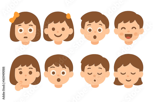 Children's Emotion Icons. Flat vector mini-illustrations storytime emotions in colors children's illustrations: wide eyes, smile,