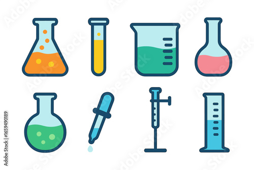 Colorful Lab Glassware Icons. Flat vector mini-illustrations lab glassware in colors children's illustrations: Erlenmeyer flask,