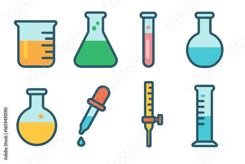 Colorful Lab Glassware. Flat vector mini-illustrations laboratory glassware in colors children's illustrations: beaker, Erlenmeyer