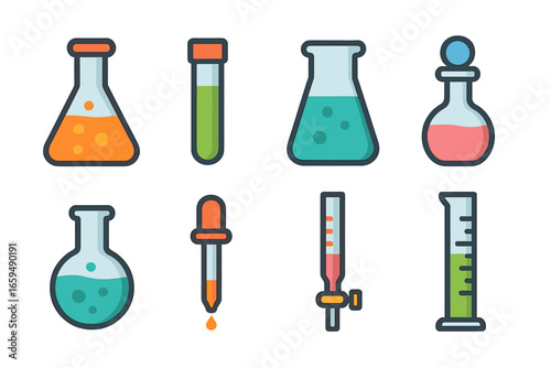 Colorful Lab Glassware Icons. Flat vector mini-illustrations lab glassware in colors children's illustrations: Erlenmeyer flask,