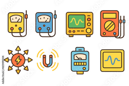 Colorful Measurement Icons. Flat vector mini-illustrations electron measurement in colors children's illustrations: voltmeter,