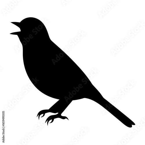 Detailed silhouette of a bird singing loudly with its beak open wide