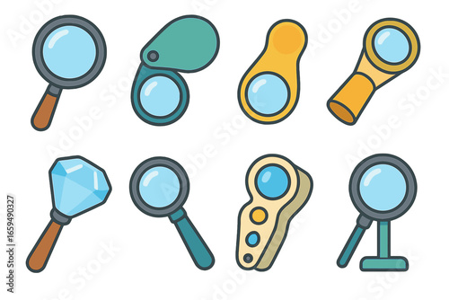 Colorful Magnifying Loupe Grid. Flat vector mini-illustrations magnifying loupes in colors children's illustrations: classic round