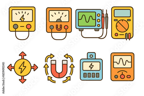 Colorful Measurement Icons. Flat vector mini-illustrations electron measurement in colors children's illustrations: voltmeter,