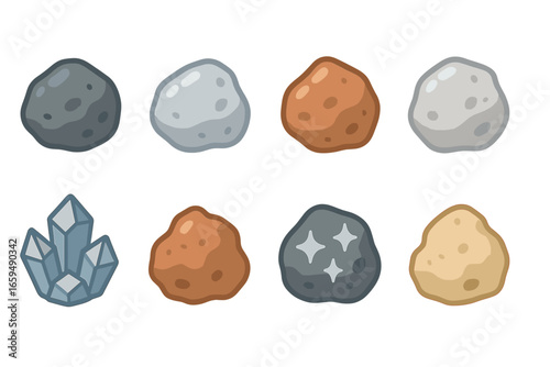 Colorful Mineral Nuggets. Flat vector mini-illustrations mineral nuggets in colors children's illustrations: iron nugget, silver