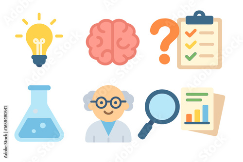 Colorful Science Icons. Flat vector mini-illustrations idea hypothesis in colors children's illustrations: light bulb, brain,